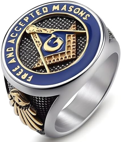 THE MEN THING Masonic Signet Rings For Men | Luxury Solid Pure Titanium Stainless Steel Ring Jewellery (Blue Gold - Stainless Steel, 17-21- 24)