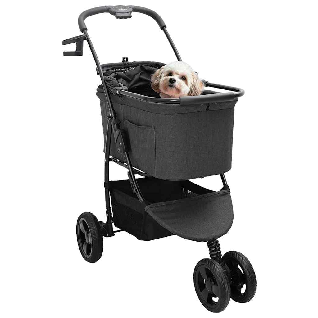 Passeggino pieghevole per animali domestici nero, in poliestere con telaio in acciaio, dimensioni 78 x 54 x 101 cm, per cani e gatti fino a 25 kg, con tasche laterali, cestino