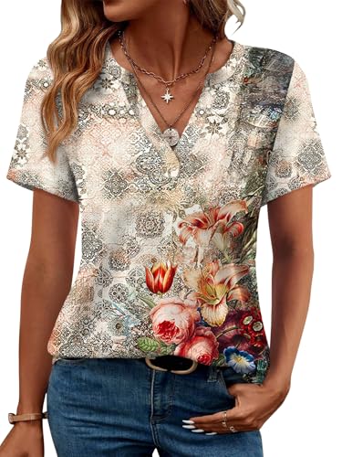 Image of WEESO Womens Tops Summer Short Sleeve V Neck Blouses Business Casual Loose Fit Tshirts Trendy Fashion Outfits