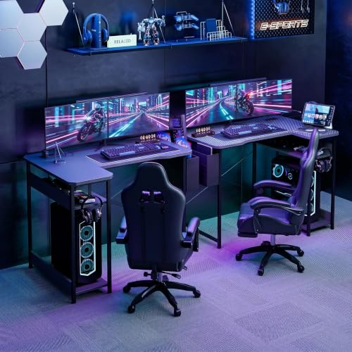 Image of Acrolix L Shaped Gaming Desk 55 Inch - Computer Corner Desk with Power Outlets, Reversible Shelves & Storage Bag for Home Office, PC Gaming Table, Black Carbon