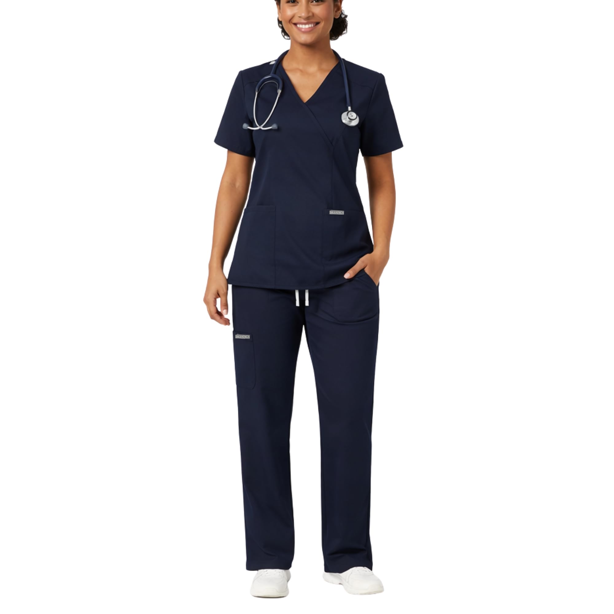 Silvatica Women's Straight Leg Scrub Pants | Cargo, 5 Pockets, Drawstring | 4-Way Stretch Turkish Fabric Medical Uniform