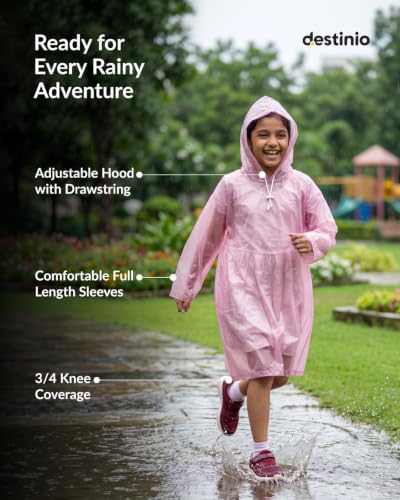 Image of Destinio Raincoat for Kids 6-12 Years, Waterproof Poncho for Kids, Thick PVC Knee Length Raincoat for Boys, Full Sleeve, Hood with Drawstring, Reusable Rain Coat for Girls, School Children