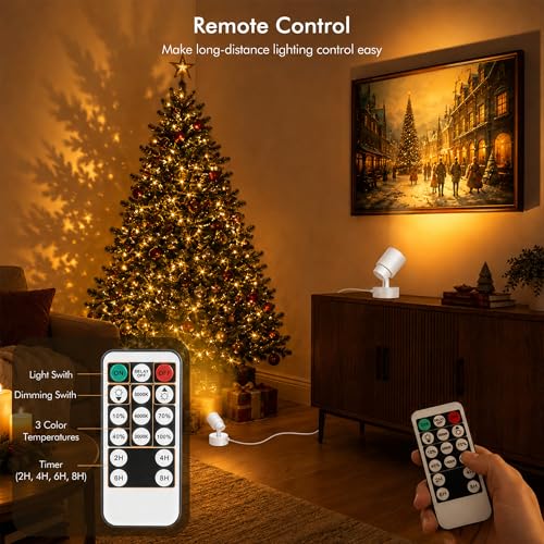 Image of 2 Pack LED Spot Lights Indoor, 5W Uplighting with Remote Control Dimmable & Timer, Uplights Indoor Floor Spotlights with 3 CCT, Accent Lighting Stick on Wall Light for Plants Picture Artwork, White