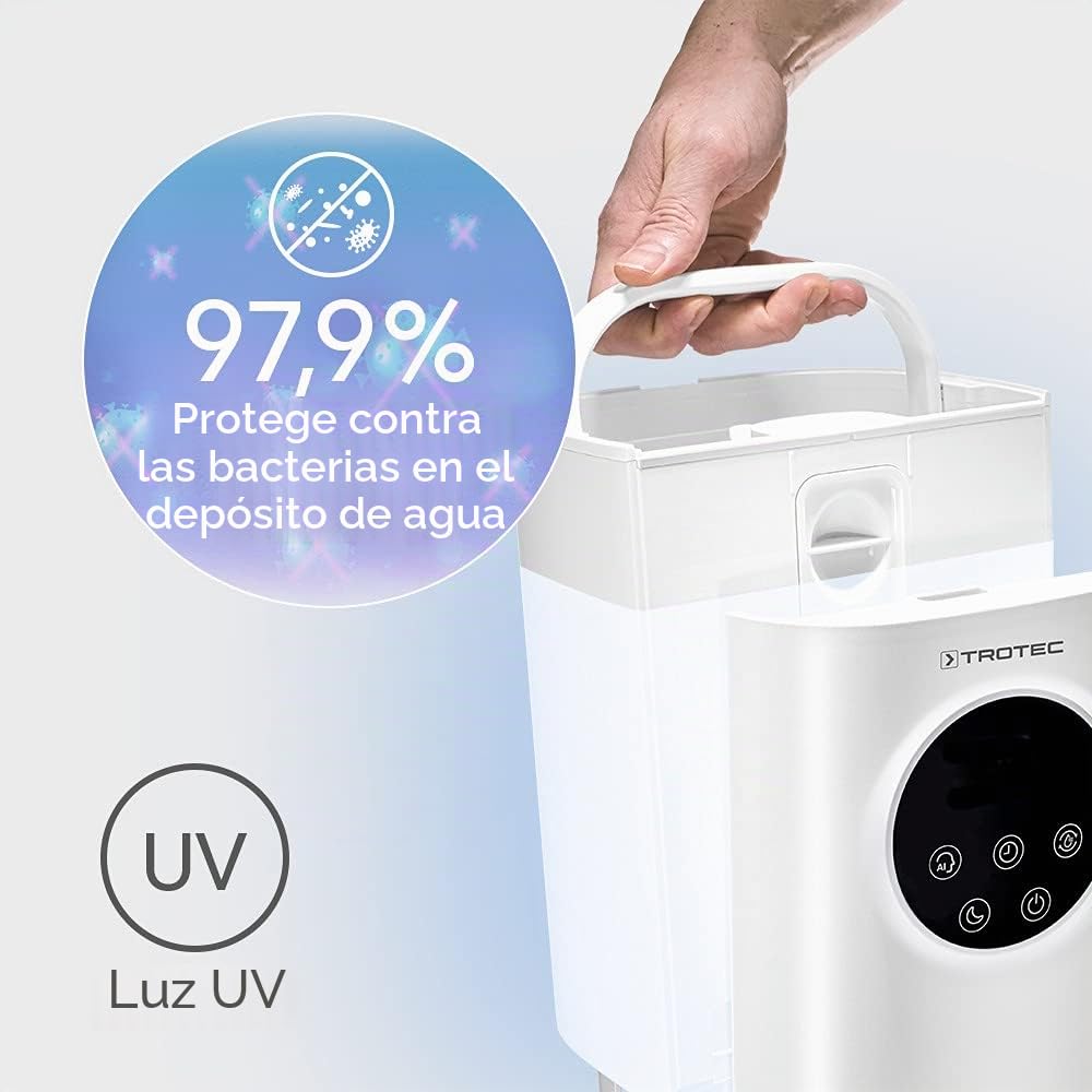 Humidificador ultrasónico 3 en 1 TROTEC B 7 E con difusor de aromas, filtro de aire de carbón integrado, lámpara UV antibacteriana y gran depósito de agua de 5 litros