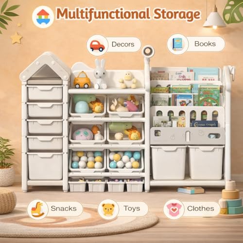 Image of 3in1 Kids Toy Organizer with Bookshelf for Home Storage Rack for Toddler Playroom Organizer Montessori Book Shelf for Kids Room Toys Organiser for Space Saving Storage Bins for Children