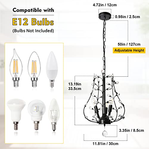 Unicozin Vintage Clear Crystal Branch Chandelier, 3 Lights Pendant Hanging Light E12 Base, Ceiling Light Fixture for Living Room, Dining Room, Restaurant, Porch, Hallway (Matte Black)