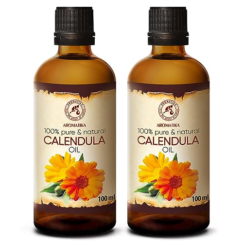 Huile de Calendula 200ml - 2x100ml - Pur & Naturel - Huile de Base - Riche & Minéraux - Vitamines - Multifonctionnel - Huile Corporelle - Soins pour le Visage...