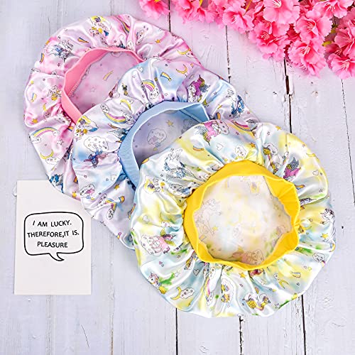 3 Pieces Kids Unicorn Satin Bonnet Wide Elastic Band Sleeping Cap Soft Silk Double Layer Night Hair Hats For Teens Toddler Child Baby #TOP1
