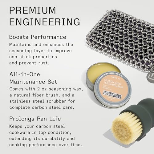 Made In Cookware - 3-Piece Carbon Steel Cleaning Set - Includes Chain Mail Scrubber, Cleaning Brush and Carbon Steel Seasoning Wax - Thumbnail 2