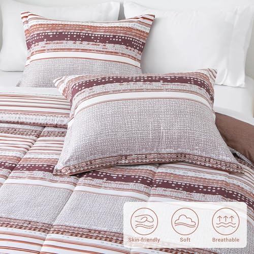 Image of lasoftan Striped Queen Comforter Set with Sheets, 7 Piece Luxury Vintage Bedding, Soft Microfiber Bed in a Bag, Cozy Lightweight Bed Set, Chocolate Brown Striped