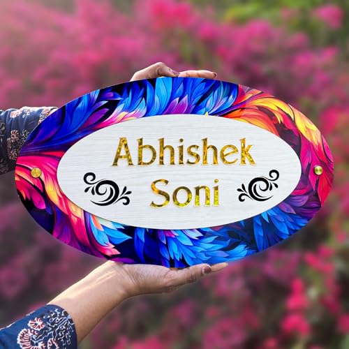 Image of BEE CREATIVE Laser Cutting Customise Name Plate for Home Entrance (Oval feather) | Modern Acrylic Name Plate for Main Door, Outdoor Name Board, Stylish Design for Flats, Apartments & Villas