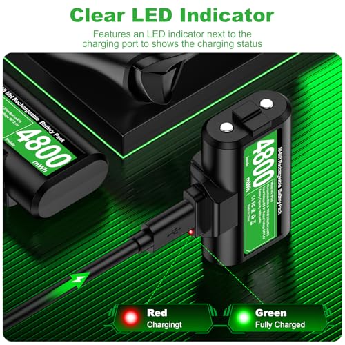 Image of Rechargeable Battery Pack for Xbox One /Xbox Series X|S, 2x4800mWh Battery Pack with LED Indicators Play & Charge Kit USB-C Charging Cable