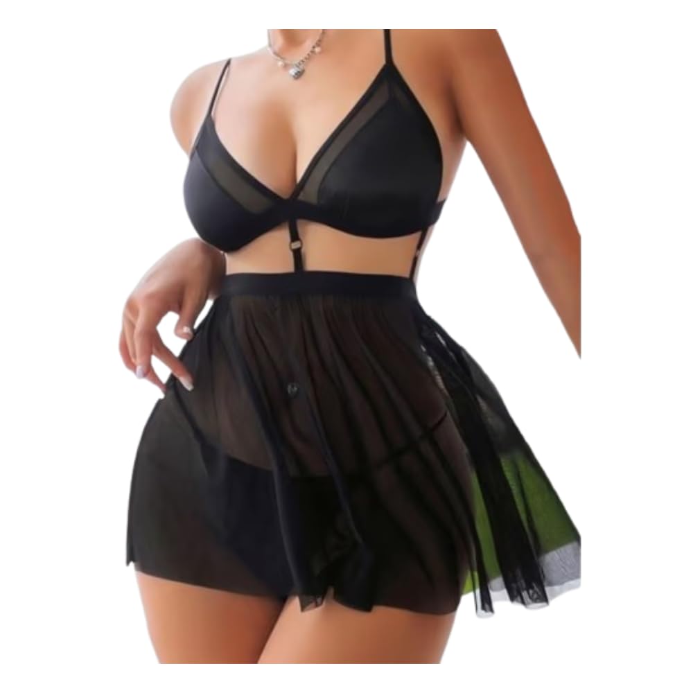 Women’s Black Sheer Mesh Babydoll Lingerie Set with Bralette & Flared Skirt Black-image-14