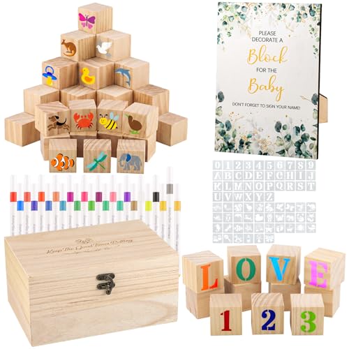150Pcs Baby Shower Games Kit 52 Blank Wooden Baby Shower Blocks 24 Acrylic Paint Marker 1 Wooden Sign 1 Storage Box and 72 Templates for Baby Shower Decorations