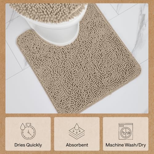 Image of Gorilla Grip Original Shaggy Chenille Square U-Shape Contoured Mat for Base of Toilet, 22.5x19.5 Size, Machine Wash and Dry, Soft Plush Absorbent Contour Carpet Mats for Bathroom Toilets, Beige