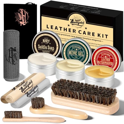 Awaydol 10 PCS Leather Care Kit - Horsehair Brushes,Saddle Soap,Waterproofing Wax,Mink Oil Conditioner,Polishing Cloth,Microfiber cloth,Boot Shoe Shine Cleaning Kit Gift for Men Cowboy Husband Dad ﻿