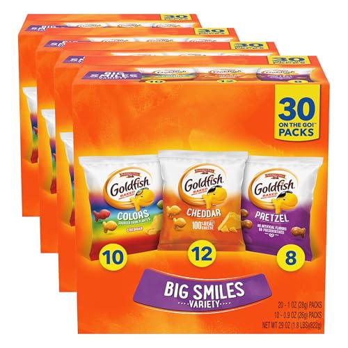 Image of Goldfish Crackers Big Smiles Variety Pack with Cheddar, Colors, and Pretzels, Snack Packs, 30 Ct (Pack of 4)