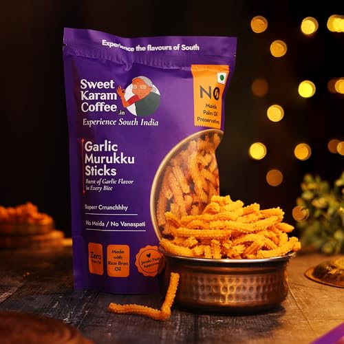 Image of SWEET KARAM COFFEE Garlic Murukku - 95G (Pack of 2)|No Palm Oil & Preservatives|Authentic South Indian Chakli|Crispy & Fresh Tea-Time Namkeen|Festive Snack|Homemade Recipe|Crunchy & Spicy Treat