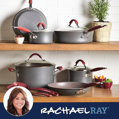 Rachael Ray Cucina Dishwasher-Safe Hard-Anodized Pots and Pans Set Non Stick Cookware, 12-Piece, Gray with Red Handles - image 7