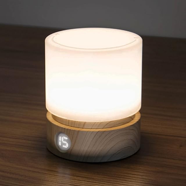 Smilodon Timer Night Light, Small LED Bedroom Lamp, Bedside Table Lamp, Night Light Kids, Baby Breastfeeding, Woodgrain, Dimmable, Battery Operated, Warm Mood Light Color