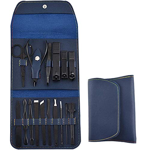 Wimzy Creations Manicure Set, Pedicure Kit for Fingernail Toenail Care, 16 in 1 Manicure Kit with Toenail Clippers Fingernail Clippers, Nail File,Blus Leather Case