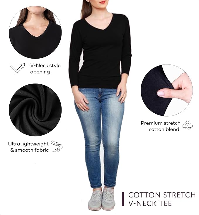 Image of Women's 3 /4 Sleeves Regular Fit V-Neck Cotton T-Shirt