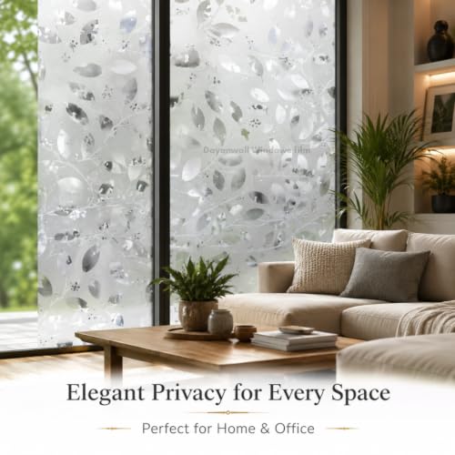Image of Self Adhesive Window Privacy Film for Glass Windows & Doors | UV Blocking, Heat & Glare Reduction | Decorative Frosted Glass Film Easy to Apply (Frosted Silver Leaf Design, 12X26 Inch)