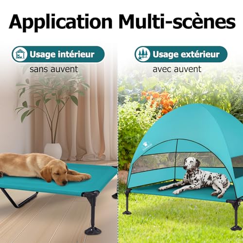 Erhöhtes Hundebett mit Vorzelt, Liege für den Außenbereich, erhöht, mit rutschfesten Füßen, tragbar, mit Schatten auf 3 Seiten, Hundesofa für Camping, Garten, Strand, Pool