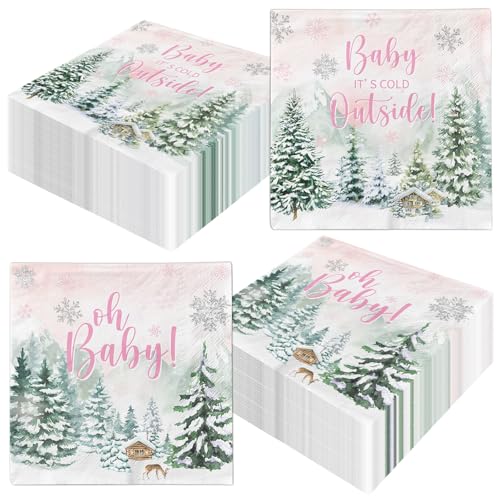 Dydamud Baby Girl Shower Napkins - Winter Woodland Disposable Dinner Napkins for Home Kitchen, Christmas, Birthday Parties