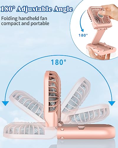 Hand Held Fan Rechargeable,Mini Fan Portable Fan Battery Powered Fan with 3 Speed, Table Fan Small Desk Fan, Cordless Personal Fan, 180°Folding Hand Fan Summer Gifts for Women Girls Kids Pink