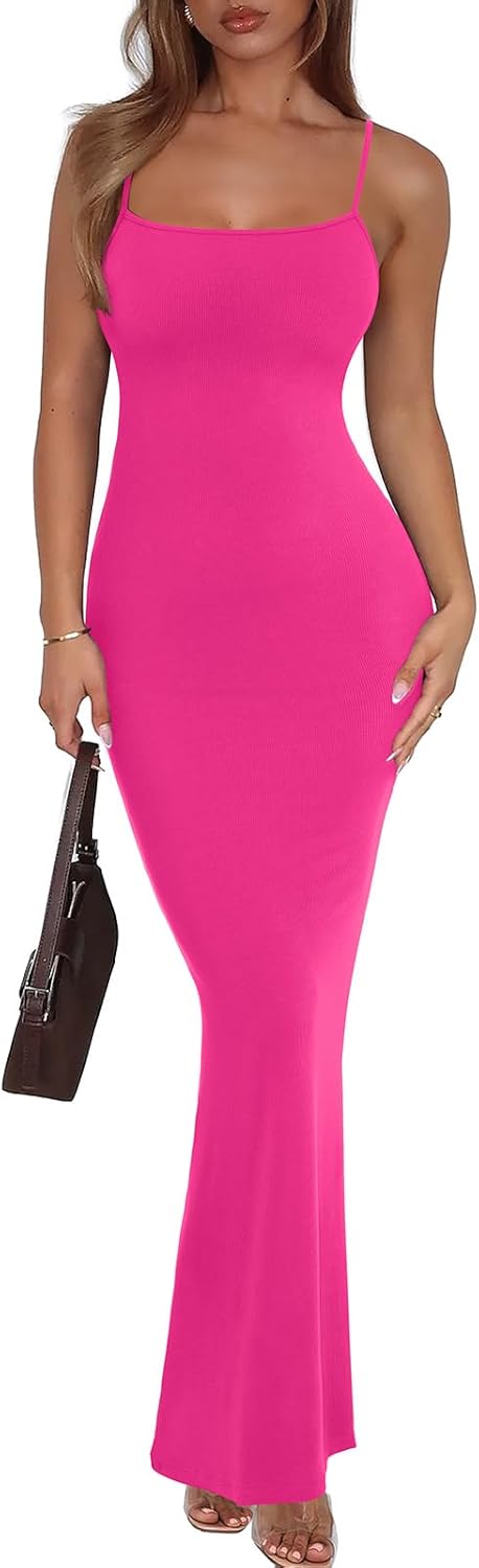 REORIA Women's Basic Sexy Lounge Slip Long Dress Elegant Sleeveless Backless Ribbed Bodycon Maxi Dresses