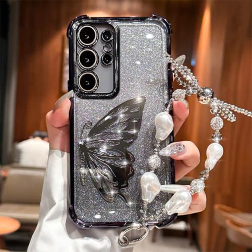Coque S25 Plus plaquée laser brillante antichoc avec bracelet paillettes