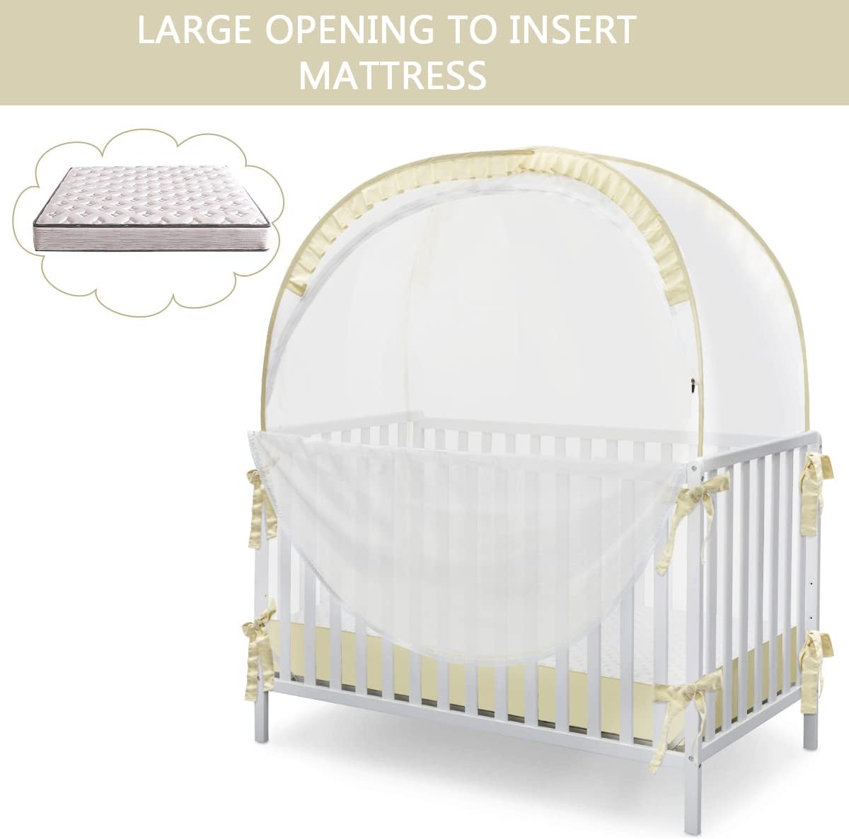L RUNNZER Baby Safety Crib Tent, Pop Up Canopy for Crib to Stop Baby from Climbing Out, Infant Mesh Cover Mosquito Net with Sturdy Frame & Soft Mesh, Beige, (R07-beige)