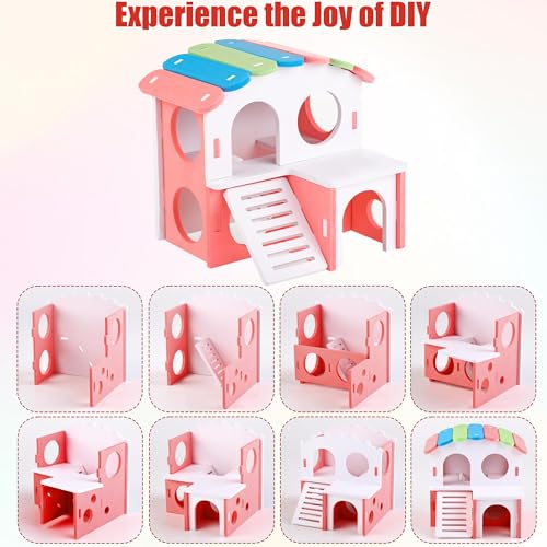MCEAST 10 Pieces Fun Hamster Toys Set Include DIY Wooden Gerbil Hideout Hamster House Rainbow Bridge Seesaw Swing Roller Pet Exercise Chew Play Toys Guinea Pig Cage Accessories for Small Animals - Image 5