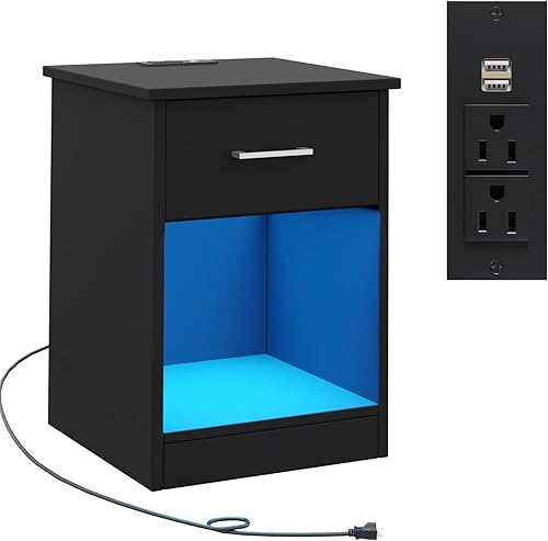 Reettic Mesita de noche con tomas de corriente y tira de LED, mesa auxiliar de sofá con estación de carga y puertos USB, mesa auxiliar de madera,