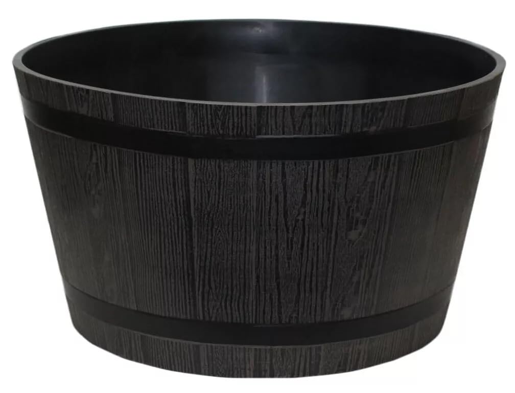 Muddy Hands Wooden Barrel Effect Plant Pot Round Indoor Home Outdoor Garden Flower Tree Plastic Planter Water Feature (Diameter: 30cm - Height: 19cm) (Brown)