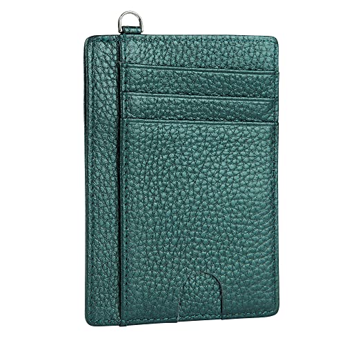 Women & Men Genuine Leather RFID Blocking Card Holder Thin Slim Minimalist Front Pocket Wallet with Keychain, Dark Green2