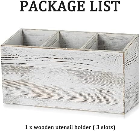 Utensil Holder Kitchen Cutlery Pot: Large Wooden Cooking Utensils Organizer with 3 Compartments Vintage Washed White Cutlery Caddy Rustic Flatware Jar for Silverware Fork Spoon Spatula Save Space