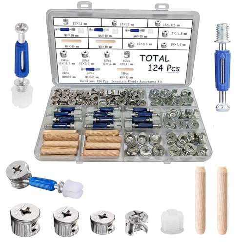 124 Pcs Cam Locks for Furniture Furniture Screws 3-in-1 Eccentric Hardware Wheels Furniture Cam Lock Fasteners with Multi-Size Nuts for Dresser Cabinet Assembly & Repair