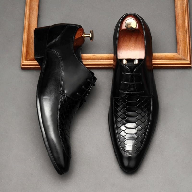 Men's Vintage Crocodile Print Strap Slip On Dress Shoes Pointed Toe Lace up Comfort Breathable Chunky Heels Shoes for Business Work Dating2