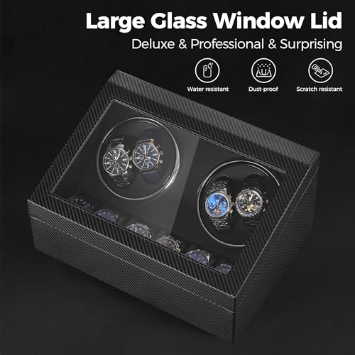 BEWISHOME Watch Winders for Automatic Watches, 4 Watch Winder and 6 Storage Case with Quiet Japanese Motor, Automatic Watch Winder Box Watch Rotator with Type-C Adapter, Carbon Fiber SYQ31C