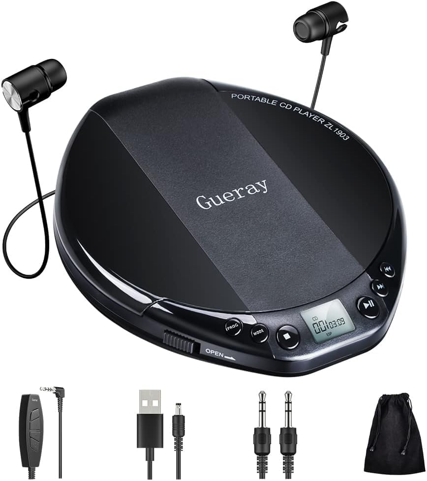 Gueray Portable CD Player HiFi Classic Personal CD Discman with Headphone Anti-Skip Protection LCD Display 25 Track Programmable Memory CD Player