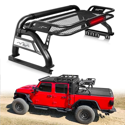 Image of MONOKING Mid Size Roll Bar with Detachable Cargo Basket 3rd Brake Light, for Tonneau Cover for 2007-2026 Tacoma Gladiator Colorado Ranger Canyon Frontier Dakota, Rugged Carbon Steel