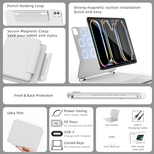 Image of RAYMCRAFT for iPad Pro 13-inch Case with Keyboard (M5 /M4, 2025 /2024), 11-Colors Backlight with Pencil Buckle, Stain-Resistant Surface, Magic Keyboard for iPad Pro 13-inch, Multi-Touch Trackpad, White