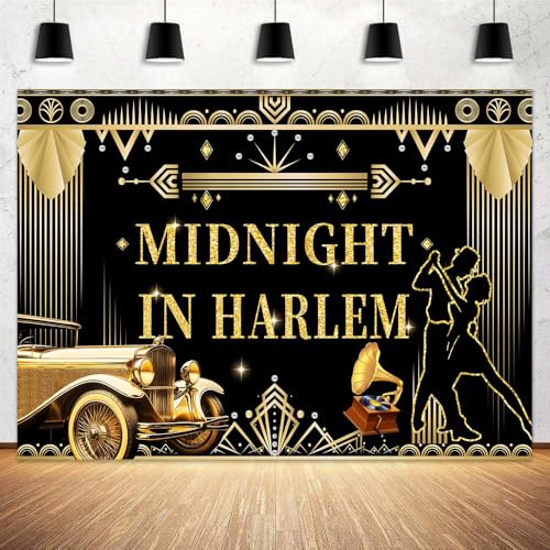 Harlem Nights Backdrop Photography Background 7x5ft, Roaring 1920's Banner Black Gold Vintage Music Themed Speakeasy Backdrop Banner Wedding Retro Jazz Decor Party Supplies