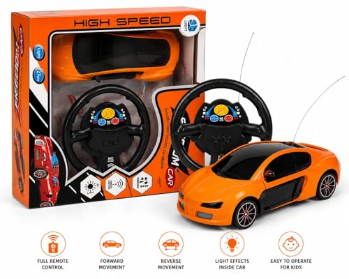 Image of High Speed RC Racing Car with Steering Wheel Remote, Featuring 3D Light Effects, Forward & Reverse Motion, Battery Operated, Easy to Operate for Kids, Indoor Outdoor Fun.