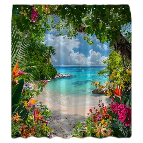 Beach Coastal Shower Curtain with Jungle & Ocean Scene
