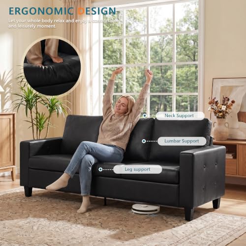 Image of STHOUYN 73 inch Black Faux Leather Sofa, 3 Seater Couch for Office, Living Room | STHOUYN, Modern, Comfy, Tufted Armrest, USB Charger, Bedroom, Apartment