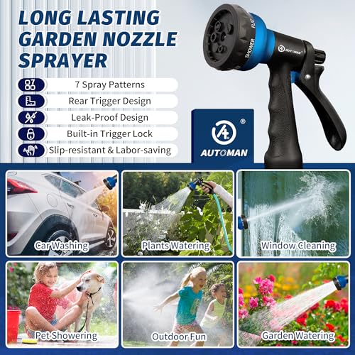 Image of AUTOMAN-Garden-Hose-Nozzle, 2 Pack ABS Water Spray Nozzle with Heavy Duty 7 Adjustable Watering Patterns,Slip Resistant for Watering Plants,Lawn& Garden,Washing Cars,Cleaning,Showering Pets - Blue