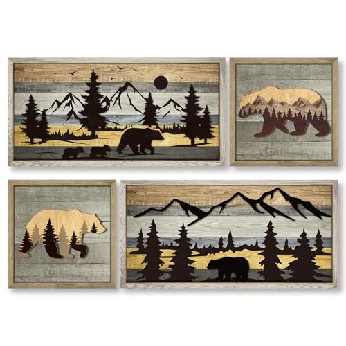 Wesiti 4 Pcs Bear Wall Art Rustic 3D Cabin Wall Decor Christmas Decorative Forest Mountain Woodland Bear Pictures Farmhouse Decor Country House Animal Wildlife Pictures Hunting Art for Home